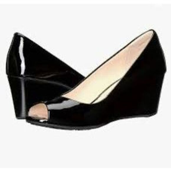 Cole Haan Size 7 Peep Toe Wedge Heels Black Patent Leather Office Classic Glossy - Picture 1 of 14